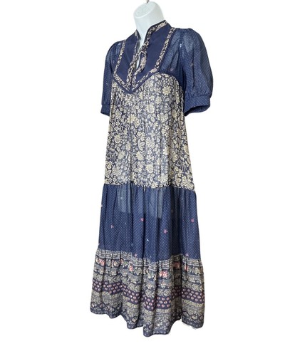 1970s Indian Block Print Floral Semi Sheer Blue Boho Midi Vintage Dress - Picture 4 of 8