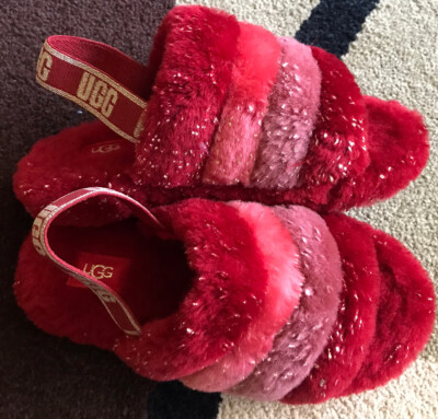 UGG Girl's Fluff Yeah Slide Red Multi Slippers Size NEW - Main Image
