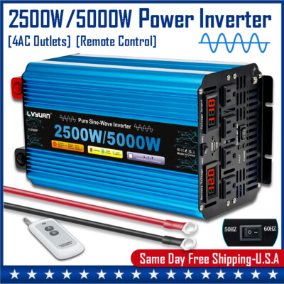 2500W 5000W Power Inverter Pure Sine Wave 12V to 110V 4AC Remote Control Camping