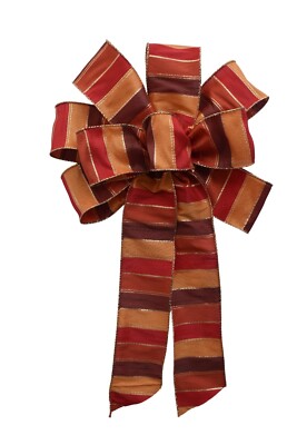 Large 10'' Hand Made Bow - Wired Linen - Orange Rust Fall Stripe - Fabric Ribbon