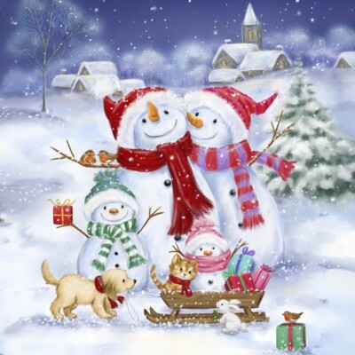 20 Servietten Snowman Family with Pets Familie Schneemann Winter Tiere 33x33cm