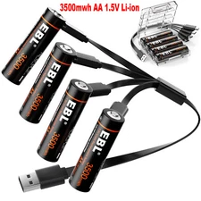 EBL Rechargeable 1.5V AA Lithium Batteries 3500mWh /USB Cable Li-ion Battery Lot