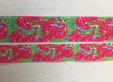 Palm beach style Grosgrain ribbon BTY 7/8" 1  1.5" pink green flamingo On blue