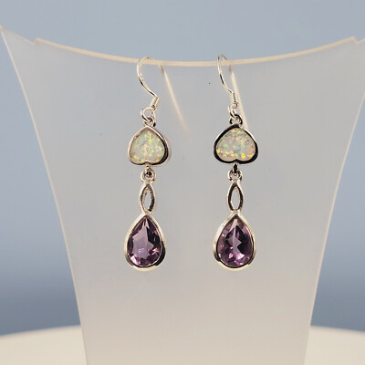 Opal Amethyst Ohrhänger, weißer Feueropal, lila Amethyst, Halbedelstein