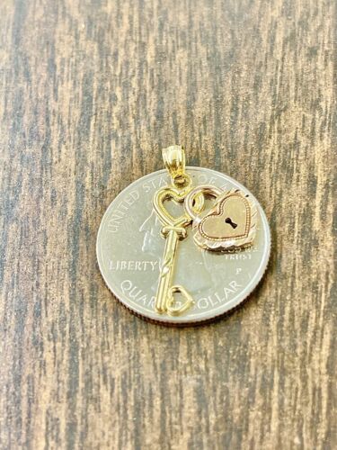 Holiday Special Real 10K Solid Yellow Rose Gold Diamond Cut  Heart Lock Pendant - Picture 1 of 4