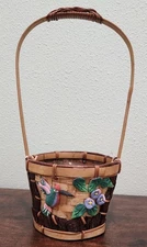 Vintage Handcrafted Rustic Woven Basket with Handle Hummingbird & Flower Design 