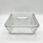 Vintage Anchor Hocking Clear 1932 Design Ribbed 9x9 Refrigerator Baking Dish+Lid