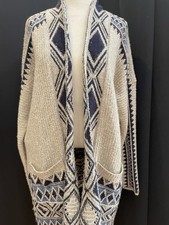 Lucky Brand Sweater Women 1X Beige Blue Open Front Cardigan Pockets Boho Western