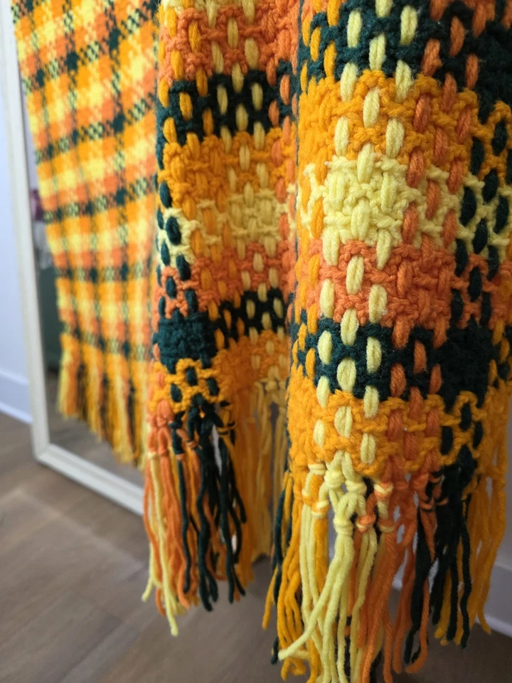 Manta Retro Afgana Años 70 Crochet Tiro 50x57 Vintage Naranja Amarillo Verde Cuadros Foto 2 de 4