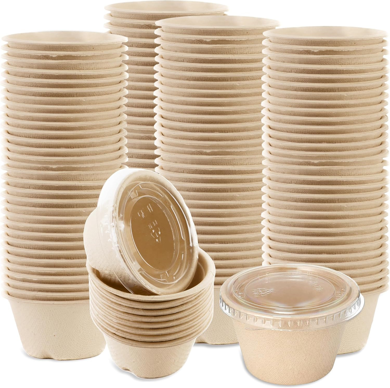 EcoQuality 2 oz Compostable Condiment Souffle Bagasse Cups with Lids - Portion C