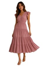 WISHLIST Flutter Tulip Sleeve Tiered Maxi Dress M Dusty Rose Pink Peasant Boho