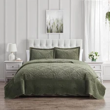 VCNY 3pc Queen Westland Quilted Plush Bedspread Set Olive Green: