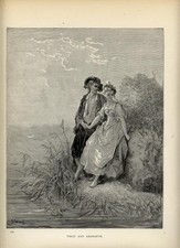 1880 STAMPA Antica = TIRSI E AMARANTO = LA FONTAINE di Gustave DORÉ