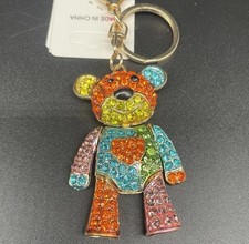Rhinestone Backpack Purse Charm Keychain Gold Tone Jointed Teddy Bear Heart NEW