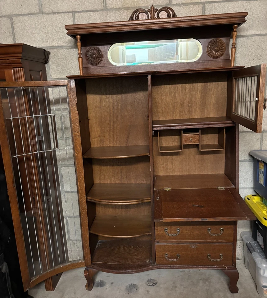 古董并排秘书书桌和书盒带弧形含铅玻璃门 — 第 4/4 张图片