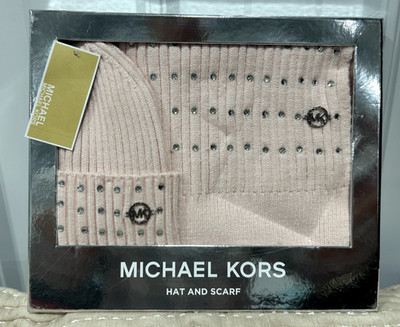 MICHAEL Michael Kors Womens Pink Logo Knit Hat & Scarf Set Soft Bling Cozy Warm