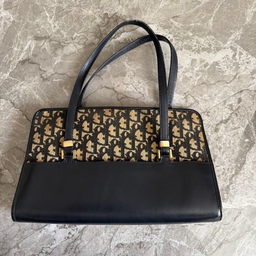 Christian Dior Trotter Navy Canvas Leather Tote Bag Gold Hardware Auth