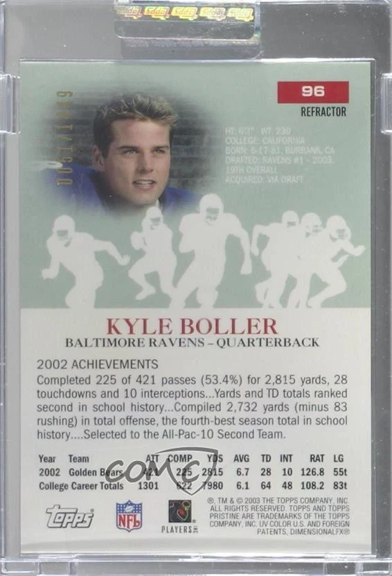 2003 Topps Pristine Refractor /1449 Kyle Boller #96 Rookie RC - Image 2 of 2