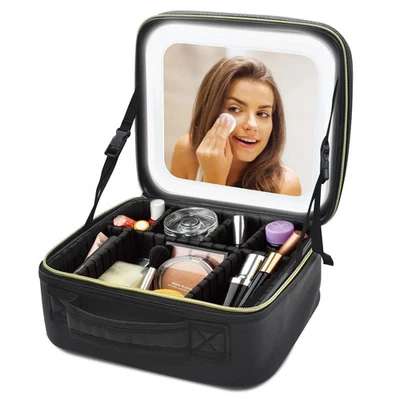 GR8 HOME Black Cosmetic Makeup Vanity Travel Case Make Up Storage Box Bag With LED Mirror