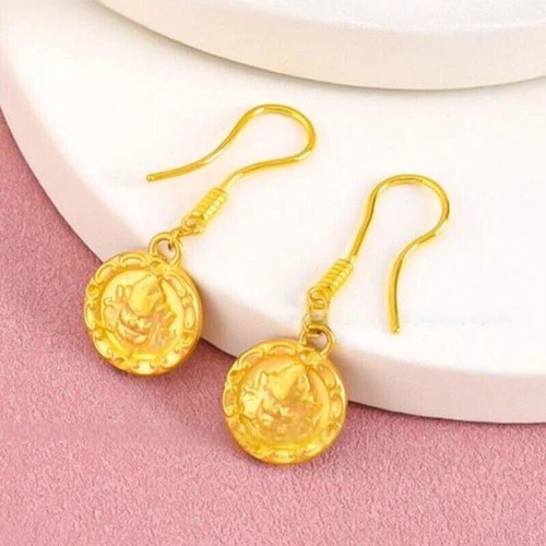 Pure 999 24K Yellow Gold Lucky Women Wealth God Dangle/Drop Earrings 2.15-2.3g - Picture 2 of 10