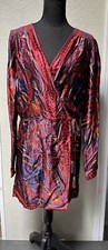 Farm Rio Macaw Arabesque Mini Wrap Robe Dress Red Purple Print Satin Size Small