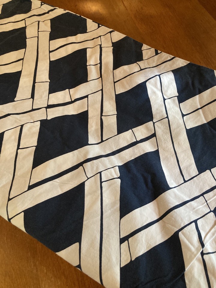 POTTERY BARN Full/Queen Duvet Cover Cera Trellis Bamboo Print Navy Blue