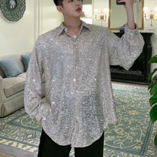 Men Glitter Sequin Shirt Top Shiny Blouse Glitter Disco Club Loose Dance Costume