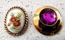 2 Vintage Scarf Clips Cameo Style and Purple Stone