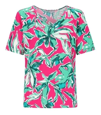 hajo Shirt Halbarm V-Ausschnitt Viskose Jersey Blätter floral pink / grün / weiß - Bild 1 von 2