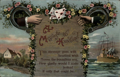 Hands Across the Sea Letter Flowers Ship Horseshoe Gel c1900s-20s Postcard