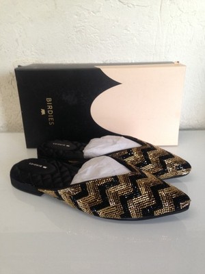 Birdies The Swan Beaded Deco Chevron Flat Slides, Black & gold  size 10