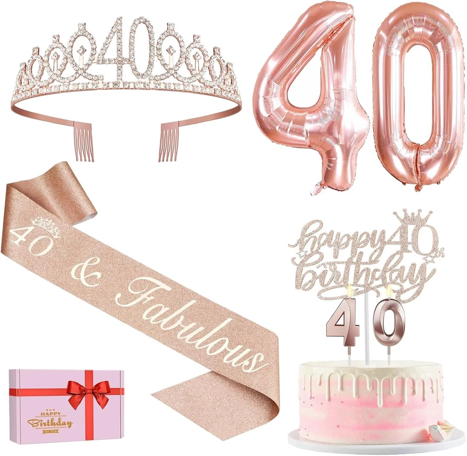 Stunning 40th Birthday Essentials: Sash, Tiara, Cake Topper & Rose Gold Accents — 第 3/4 张图片