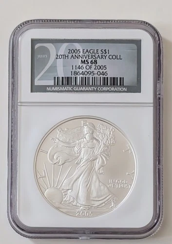 2005 AMERICAN 1 OUNCE SILVER EAGLE NGC MS68 20TH ANNIVERSARY SKU 1864095-046