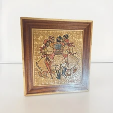 Vintage Wood Marquetry Artwork Dancers 16.75”x15.5”
