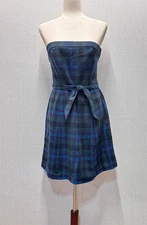 American Eagle AEO Wool Blend Blue Green Tartan Plaid Holiday Strapless Dress 6
