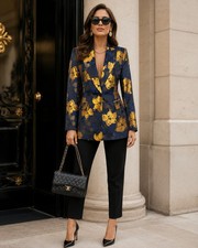 ZARA BASIC Womens Navy Gold Floral Jacquard Blogger Favorite Blazer Sz Medium