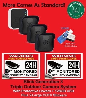Blink Outdoor HD Wireless 3 Kamera Sicherheitssystem, Abdeckungen, 128GB, CCTV-Aufkleber
