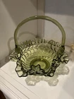 Fenton Thumbprint Brides Basket Colonial Green 8" Ruffled Rim