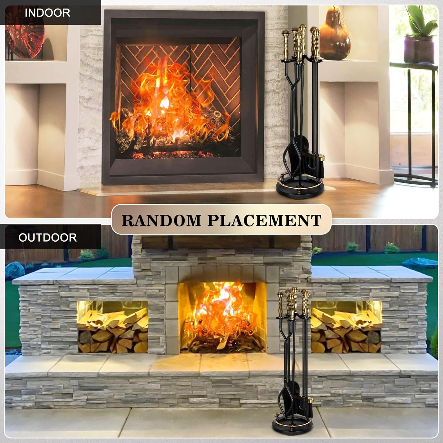 5 Piece Fireplace Tool Set Wrought Iron Brass Handles Indoor Outdoor