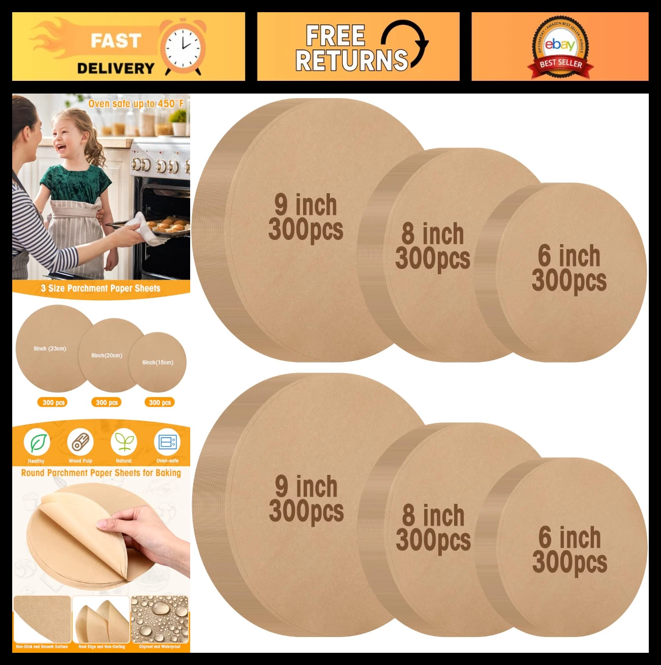 900 Pcs Non-Stick Parchment Paper Rounds 6, 8, 9 Inch Baking Sheets for Cakes