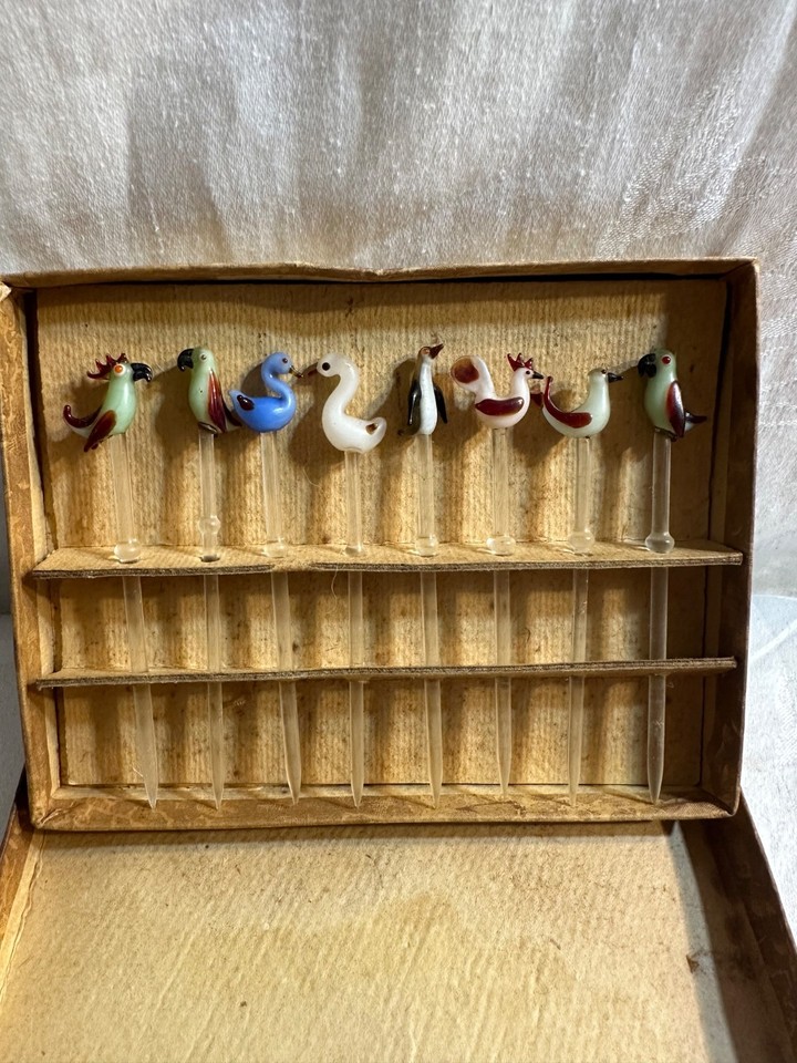 set of 8 vintage handblown glass bird “swizzle sticks” in original box