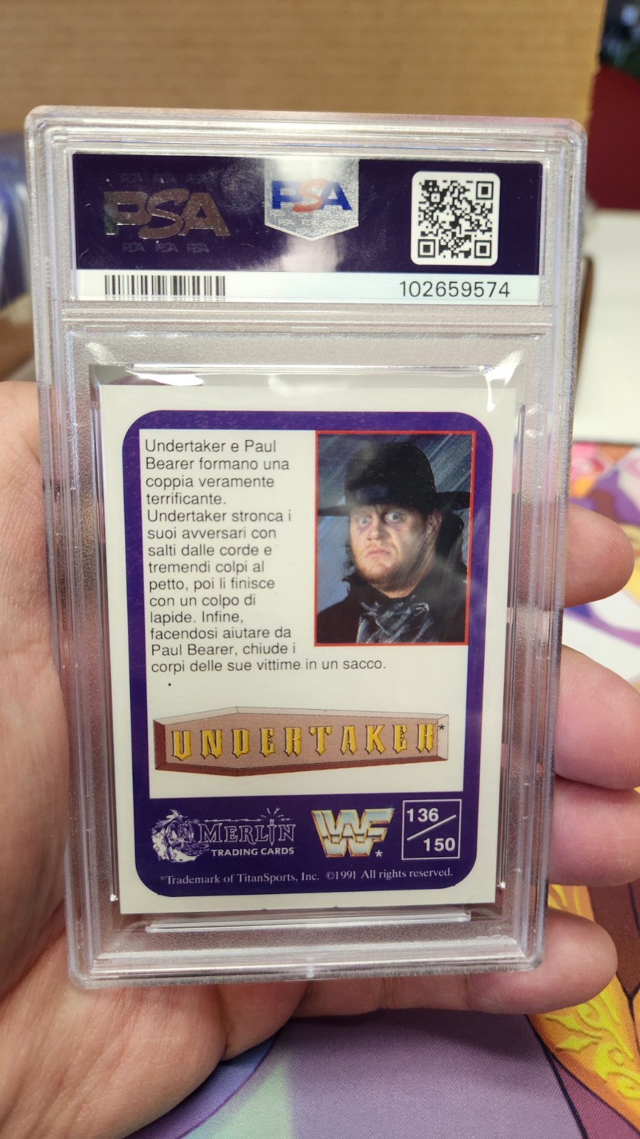 1991 Merlin WWF #136 The Undertaker w/ Paul Bearer-Italian PSA 9 MINT view 2
