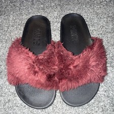 PINK Faux Fur Slide Slippers Burgundy Comfort Fur Trim Women's Open Toe Casual