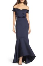 Eliza J Off the Shoulder High/Low Mermaid Gown Sz 2 Navy