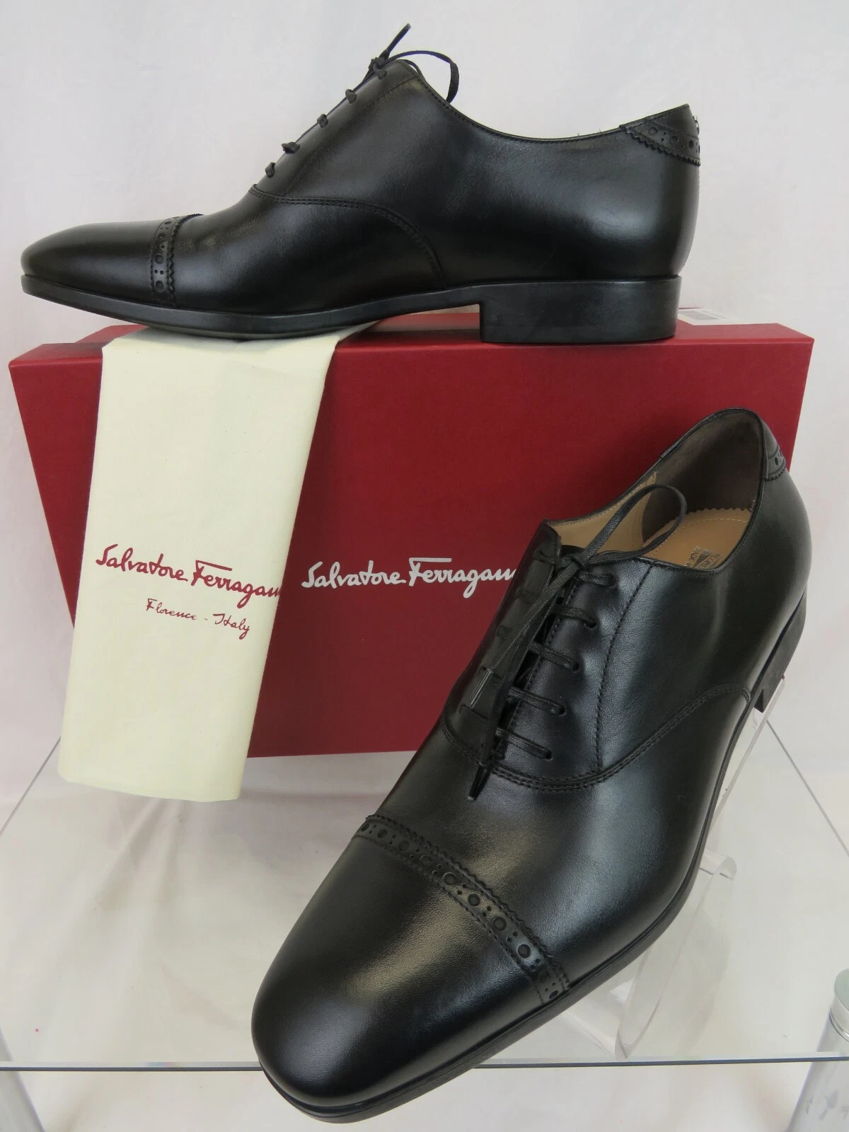 Ferragamo — NIB SALVATORE FERRAGAMO BOSTON BLACK BROGUE LEATHER GANCINI BIT OXFORDS 10.5 EE