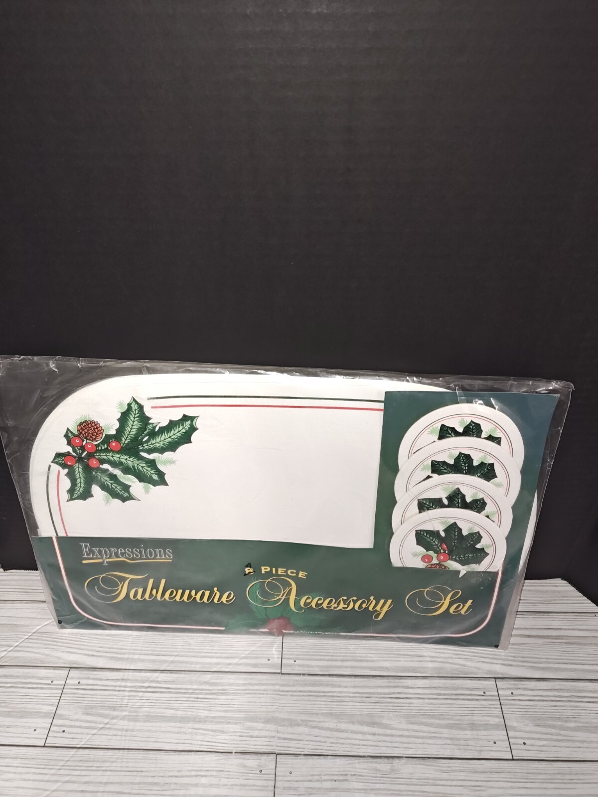 Vintage PVC Placemat Coaster Set Holly Berry Christmas Holiday Design 8 Pc Set