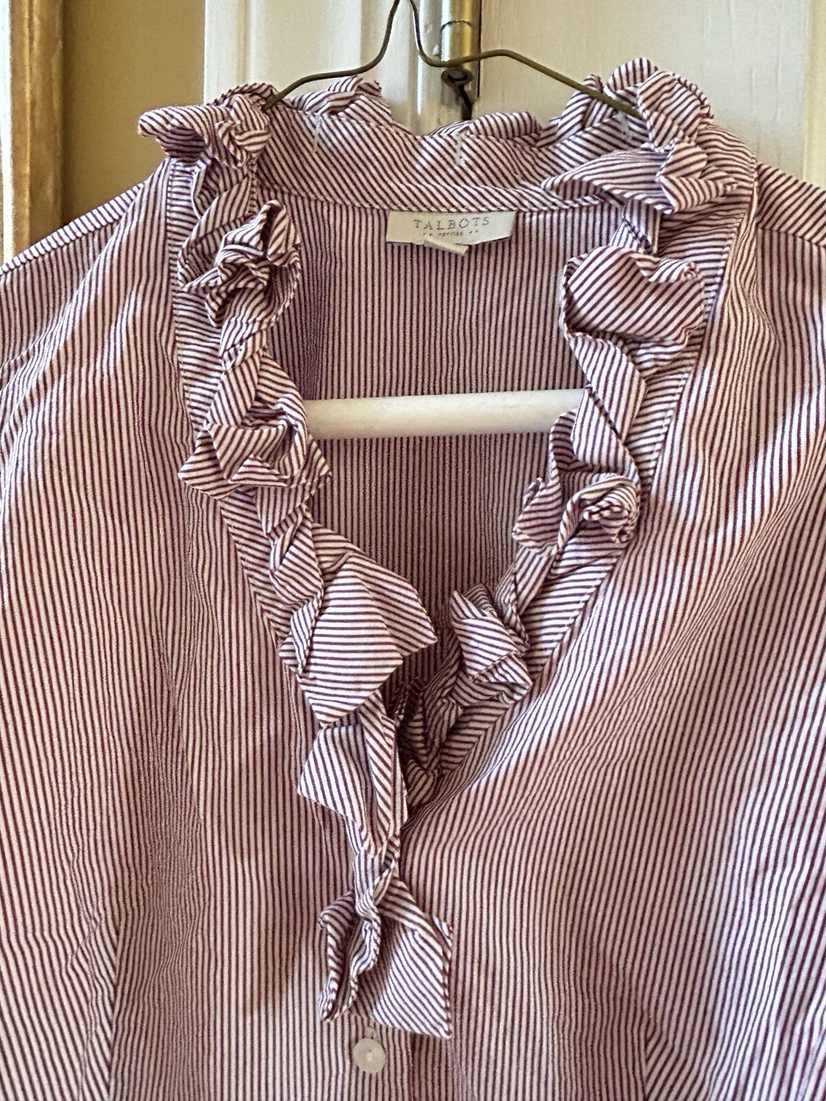 Talbots Shirt Women stripe Ruffled V Neck Button … - image 2