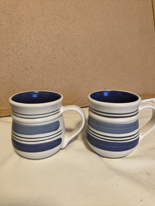 Set Of 2 Pfaltzgraff Rio Coffee Mugs Ivory And Shades Of Blue Stoneware