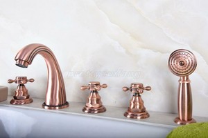Bathtub Faucet Red Copper Deck Mounted 5 Hole Roman Tub Tap Hand