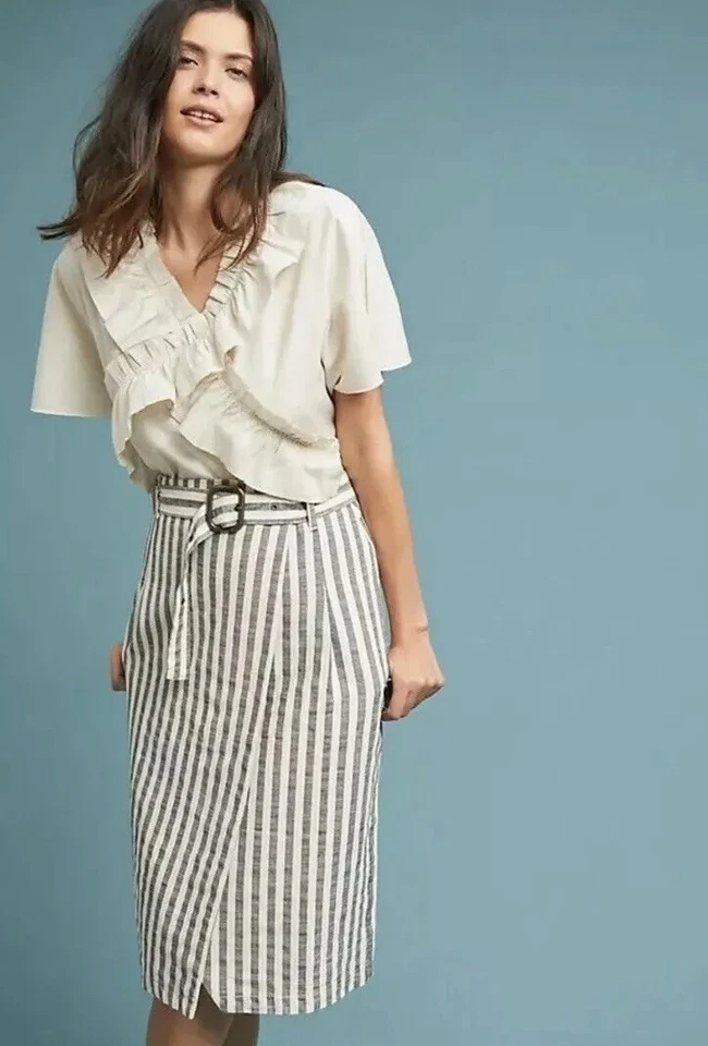 Falda lápiz recta envolvente a rayas Anthropologie 12R bolsillos midi para mujer Foto 3 de 4